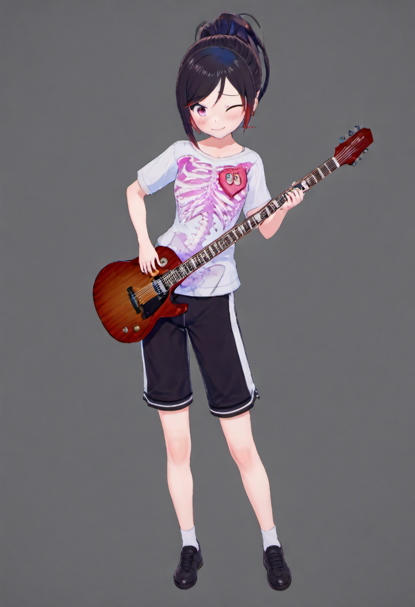 <lora:Rin_Rokuhara:.8>, Rin, 1girl, black shorts, wink, shirt, solo, full body, standing, guitar, instrument, holding instrument, skeleton print, looking at viewer, ponytail, simple background, grey background, long hair, bangs, short sleeves, white shirt, smile,