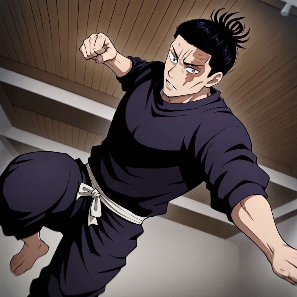 masterpiece, best quality, newest, absurdres, highres, 
anime, anime style, MPPV1.0, incoming attack, incoming punch, midair, 
1boy, toudou_aoi_(jujutsu_kaisen), scar, short hair, scar on face, scar across eye, scar, short hair, tied hair,