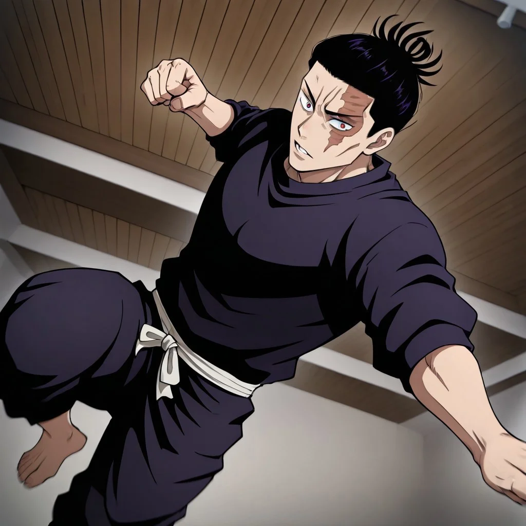 masterpiece, best quality, newest, absurdres, highres,
anime, anime style, MPPV1.0, incoming attack, incoming punch, midair,
1boy, toudou_aoi_(jujutsu_kaisen), scar, short hair, scar on face, scar across eye, scar, short hair, tied hair,