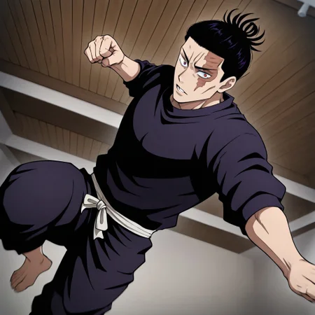 masterpiece, best quality, newest, absurdres, highres,
anime, anime style, MPPV1.0, incoming attack, incoming punch, midair,
1boy, toudou_aoi_(jujutsu_kaisen), scar, short hair, scar on face, scar across eye, scar, short hair, tied hair,