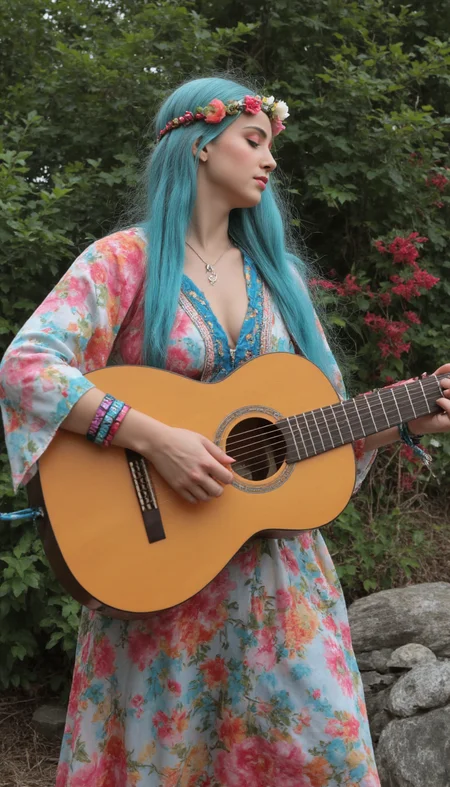 Generate a photorealistic image of a 1960s hippie girl taken with a camera made in that era. 

She has long, flowing blue hair with a flower crown. 

She wears a flowing maxi dress with lively colors and scintillating patterns. 
 She is wearing beaded wristbands. She is wearing a peace sign necklace.

She is playing a soulful tune on an acoustic guitar, her eyes closed in peaceful contemplation.

She has realistic skin that is not flawless. She has Angelic ruby eyes. She has a curved nose. She has a large chin. She has a prominent Relaxed breasts. She has natural unshaven body hair.  She has not recently showered, her skin may be a little bit dirty. She wears little make-up except for her lip gloss.  She has painted toenails