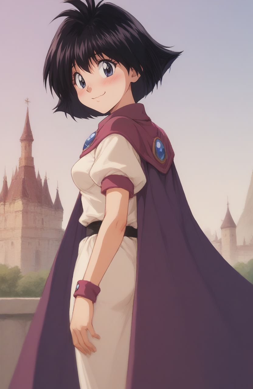 score_9, score_8_up, score_7_up, score_6_up, BREAK, source_anime, rating_explicit, masterpiece, best quality, detailed background,<lora:Amelia_PONY:1>
1girl, amelia, short hair, retro artstyle, cape, shirt, embarrassed, wavy mouth, dutch angle, small breasts, looking back, from behind, happy, castle, spread arm