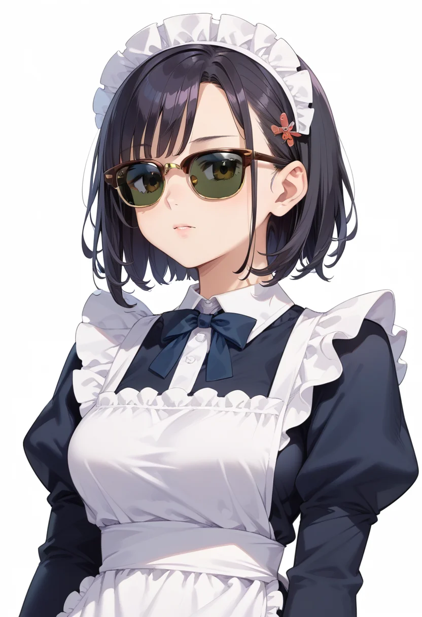 score_9, score_8_up, score_7_up, rating_safe, masterpiece, best quality, absurdres, unity 8k wallpaper, official art, official style, source_anime, uncensored, game cg, megami magazine,
1girl, solo, black hair, medium hair, upper body, covered eyes,maid, maid headdress, black dress, maid apron, face focus, 
sirmont, sunglasses, white background, simple background, reflection, glasses, english text, brown-framed eyewear, yellow-framed eyewear, two-tone eyewear, darkgreen-tinted eyewear, covered eyes, 
 <lora:glasses_clubmaster_PONY_V1:1>