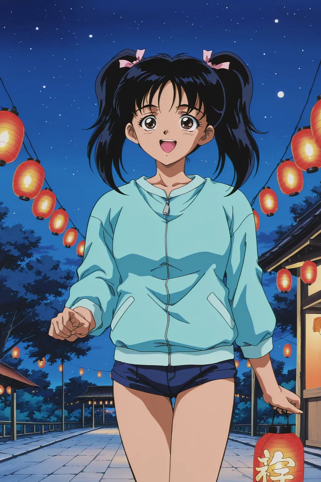 anime coloring, anime screencap, masterpiece, best quality, amazing quality,
1990s (style), retro artstyle,
<lora:All_4_DNA²_heroines_Ami_Kurimoto_Karin_Aoi_Kotomi_Takanashi_and_Tomoko_Saeki:.9>
Kotomi twintail appearance, Kotomi Takanashi, 1girl, solo, twintails, black hair, brown eyes, lantern, night, paper lantern, sky, open mouth, jacket, night sky, outdoors, :D