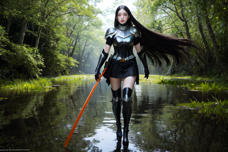 highly insanely detailed, masterpiece, top quality, best quality, highres, 4k, 8k, RAW photo, (very aesthetic, beautiful and aesthetic),  
beth_\(megami_tensei\),bethsmtii,shin megami tensei ii,long hair,black hair,straight hair,sleek black,jewelry,cross,headband,red_lipstick,white footwear,white gloves,long white gloves,heeled_boots,armored_heels,elbow gloves,elbow pads,thigh boots,breastplate,holy_knight,holy_knight_armor,katana,sword, 
<lora:zs_Beth:0.3>, 
(1girl:1.3), 1other, 
A mystical swamp with dark waters and thick vegetation,(pure orange background,transparent background:1.2),âââ
