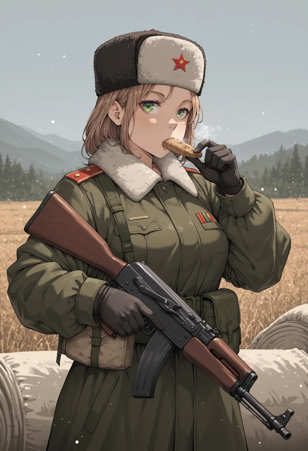 jrka2, 1girl, black gloves, (light-brown_hair), (green_eyes), coat, eating, field ration, fur hat, green coat, hat, military, military uniform, red star, sandbag, ak-47, kalashnikov_rifle, assault_rifle, rifle, akms, gun, akm, solo, soviet, soviet army, leather_strap, holding_weapon, holding_rifle, holding_gun, half body, star_(symbol), ushanka, weapon, subsurface scattering, light particles, masterpiece, high_resolution, detailed_shading, strong_contrasts, rich_colors, texture_rendering, material_rendering, hyper_detailed, sharp_focus, color_depth, refined_edges, professional_render, 4k, latest, , <lora:4272a744-8f0b-45eb-a10e-d02d1b957642:0.9>