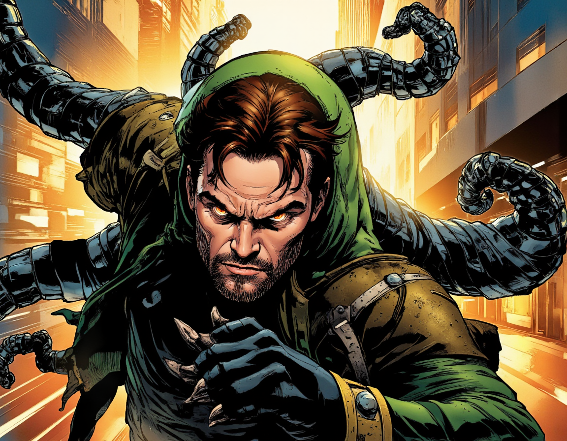 <lora:{martoonia, }martoonia:0.85> martoonia, A dynamic, comic book-style illustration of Doctor Octopus, a supervillain from the Marvel universe, with a menacing scowl on his face, his four mechanical arms stretched out in different directions, each tipped with sharp, claw-like appendages. His skin is pale, with a subtle sheen of sweat, and his brown hair is disheveled, falling across his forehead in unkempt strands. His eyes blaze with intensity, a piercing brown that seems to bore into the viewer. He wears a classic green and yellow costume, torn and tattered in places, with a distinctive bulbous helmet that covers the top of his head, complete with a pair of glowing red optics. The lighting is dramatic, with deep shadows accentuating the contours of his face and the mechanical arms, and a warm, golden glow highlighting the metallic surfaces. The background is a blurred, urban landscape, with skyscrapers and city streets whizzing by in a colorful smear, giving a sense of motion and energy to the scene. The shot is a wide-angle, action-oriented view, with Doctor Octopus placed squarely in the center, his mechanical arms radiating outwards like a dark, metallic star. The image features a bold, graphic style, with thick lines, vibrant colors, and a mix of digital and traditional media textures, giving it a dynamic, kinetic feel. The overall mood is one of high-energy action, with a sense of tension and menace hanging in the air. 8k highest resolution with sharp intricate details. . 35mm photograph, film, bokeh, professional, 4k, highly detailed