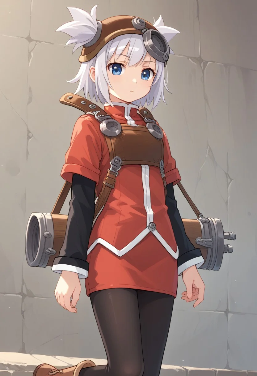 score_8, score_8_up, score_7_up, source_anime, anime screenshot BREAK 1girl, female focus, solo, pratty_scs, white hair, helmet, hair through headwear, two side up, bangs, sidelocks, short hair, blue eyes, Mandarin collar, red jacket, chest guard, red skirt, layered sleeves, short over long sleeves, sleeve cuffs, pantyhose, black pantyhose, sheath, ankle boots, brown footwear, standing,