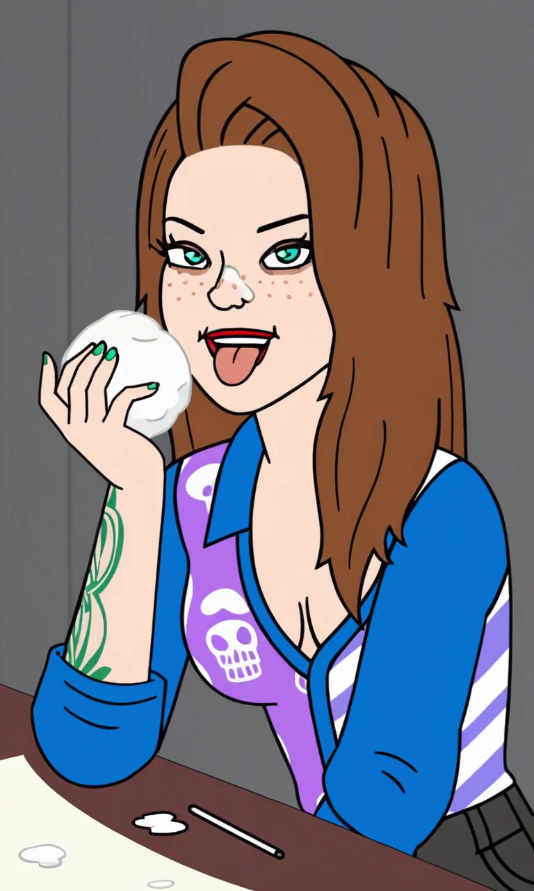 AddXL,Perfect Hands, score_9, score_8_up, score_7_up, score_6_up, score_5_up, score_4_up, show accurate style, source_cartoon , flat colors, sarahlynn, 1girl, brown hair, solo, long hair, freckles, collared shirt, graphic shirt, , arm tattoo, cleavage, aqua-green eyes, looking at viewer, upper body only, from side, tongue out,playful, leaning forward, (white powder on nose:1.3), standing, dark room, dim lighting, sitting at table,