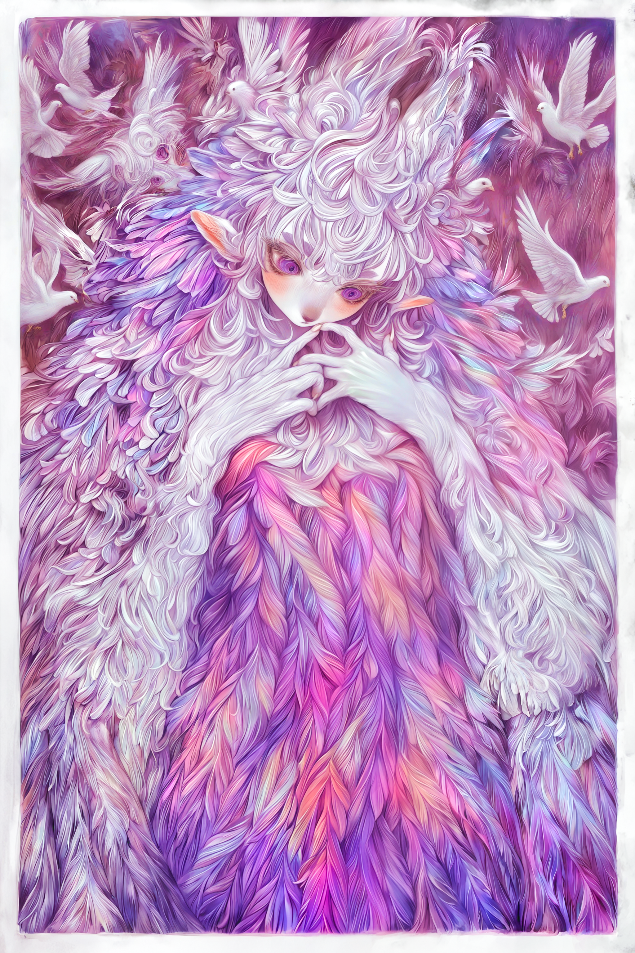 (dove, flying),
tall female, traditional_media, 1girl, kemonomimi, [abstract background], furry, dove girl, animal ears, tall ears, pointy ears, solo, blush, embarrassed, long pearlescent hair, looking away, looking down, head tilt, wispy bangs, iridescent eyes, lavender eyes, feather dress, long arms, white claw hands, thin arms, upper body, three-quarter profile, white eyebrows, thick eyebrows, thick eyelashes, long eyelashes, long white fingernails, hand on own cheek, hand on own chest, coy, magical realism, too many feathers, feather background, moss background, purple theme, white messy border, powdered skin, good quality, absurdres, <lora:Yogisya_illustriousXL:1.0>  <lora:illustriousXL_stabilizer_v1.23:0.85>