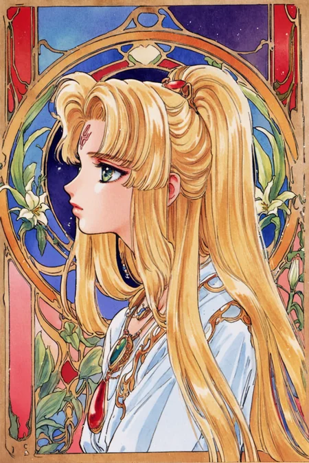 1girl, solo, flower, blonde hair, 1990s (style), retro artstyle, lily (flower), profile, gem, green eyes, jewelry, facial mark, art nouveau, long hair, white background, forehead mark,traditional media,<lora:RG Veda_XL:0.8>,