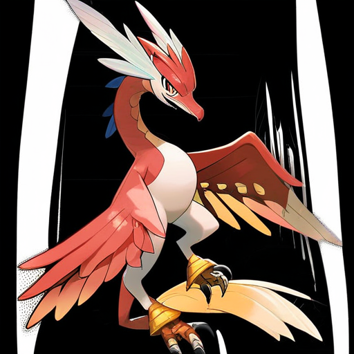 <lora:pokemon_pony_xl:0.5>, Type: Fighting, Type: Fighting Egg Group: Dragon It has a secondary set of transparent eyelids that protect its eyes while underwater,Its tail feathers are elongated and Gold, capable of creating mesmerizing patterns in the air to communicate,Its tail ends in a Bronze orb that glows when it's excited or in danger,The monster's feet end in sharp, White talons capable of gripping onto any surface,Its underbelly is soft and yellow (orange:0.8), a stark contrast to its otherwise rugged exterior, score_9, score_8_up, score_7_up, score_6_up, score_5_up, score_4_up.  Simple black background, (Masterpiece:1.3) (best quality:1.2) (high quality:1.1)