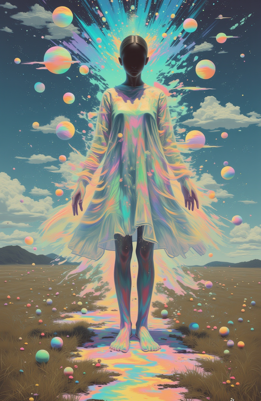 psycho_4rt, This is an artheon-style painting that merges the surreal with the abstract. The scene depicts a woman standing in a field of floating orbs, her dress made of translucent fabric that seems to dissolve into the air around her.