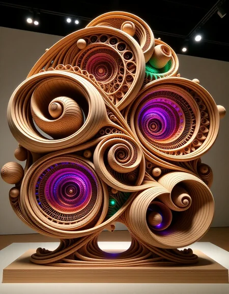 A stunning wood sculpture with a complex fractal design displayed in a sleek New York gallery. The sculpture features intricate, repeating patterns of spirals and geometric shapes, crafted entirely from smooth, polished wood. Its organic, yet mathematically precise design reflects the beauty of natural fractals. The gallery's spotlight highlights the structure, casting shadows that emphasize its intricate detail. The sculpture is illuminated by neon purple, green, and orange LED lights, embedded within the wooden forms, creating a mesmerizing glow that enhances the futuristic vibe. The vibrant neon colors reflect off the polished wood, giving the sculpture a dynamic, almost ethereal presence in the space
<lora:ral-frctlgmtry_flux:0.8> ral-frctlgmtry <lora:woodfigurez:0.8> woodfigurez