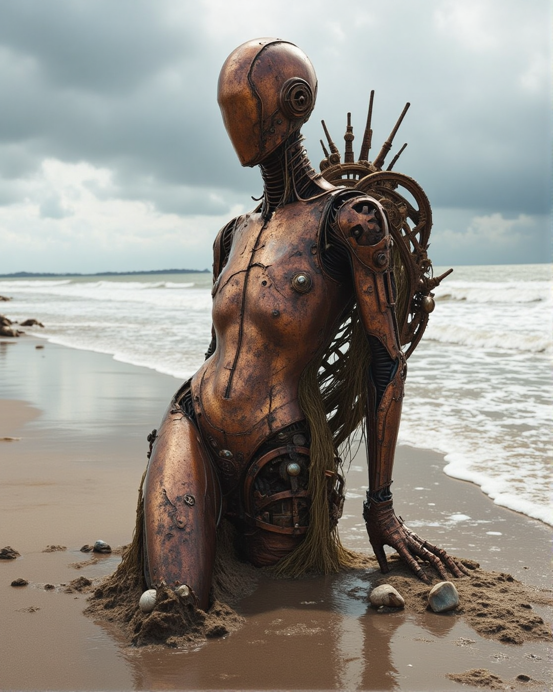 score_9, score_8_up, score_7_up, source_realistic, hyper-realistic details, ultra-HD textures, high quality v3, velvet_myst, Fantasy detailers  
A ((heeled leaning weathered)) shipwreck steampunk faceless mannequin, its metallic body heavily rusted and cracked from years of exposure. Once adorned with intricate brass and copper accents, its surface is now tarnished and eroded, with gears and joints partially locked by corrosion. The mannequin is partially buried at the beach, with half of its body hidden beneath the damp sand while its upper body emerges, battered by the sea and time. Strands of seaweed cling to its exposed frame, and grains of wet sand stick to its cracked surface.  
- Set at the shoreline of a desolate beach, with gentle waves washing against the mannequin’s upper body.  
- The sand is coarse and damp, marked with small ripples and scattered with broken seashells and driftwood.  
- The horizon features a cloudy, overcast sky, casting a somber tone over the scene. with sun beams accents
- Soft, diffused light from a cloudy sky highlights the rust and cracks on the mannequin, emphasizing its aged and weathered appearance.  
- Subtle reflections from the wet sand and waves add depth, while shadows outline the mannequin’s corroded features.  
A hauntingly beautiful scene of decay and abandonment, blending the intricate elegance of steampunk design with the raw power of nature reclaiming its space. The rusted and cracked mannequin evokes a sense of mystery, as if it holds untold stories from a forgotten past.
