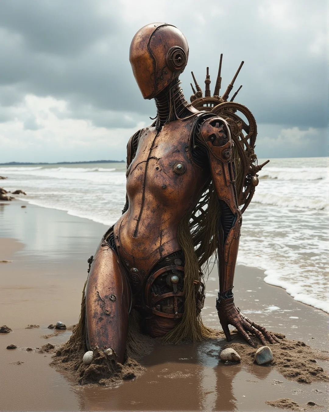 score_9, score_8_up, score_7_up, source_realistic, hyper-realistic details, ultra-HD textures, high quality v3, velvet_myst, Fantasy detailers  
A ((heeled leaning weathered)) shipwreck steampunk faceless mannequin, its metallic body heavily rusted and cracked from years of exposure. Once adorned with intricate brass and copper accents, its surface is now tarnished and eroded, with gears and joints partially locked by corrosion. The mannequin is partially buried at the beach, with half of its body hidden beneath the damp sand while its upper body emerges, battered by the sea and time. Strands of seaweed cling to its exposed frame, and grains of wet sand stick to its cracked surface.  
- Set at the shoreline of a desolate beach, with gentle waves washing against the mannequin’s upper body.  
- The sand is coarse and damp, marked with small ripples and scattered with broken seashells and driftwood.  
- The horizon features a cloudy, overcast sky, casting a somber tone over the scene. with sun beams accents
- Soft, diffused light from a cloudy sky highlights the rust and cracks on the mannequin, emphasizing its aged and weathered appearance.  
- Subtle reflections from the wet sand and waves add depth, while shadows outline the mannequin’s corroded features.  
A hauntingly beautiful scene of decay and abandonment, blending the intricate elegance of steampunk design with the raw power of nature reclaiming its space. The rusted and cracked mannequin evokes a sense of mystery, as if it holds untold stories from a forgotten past.