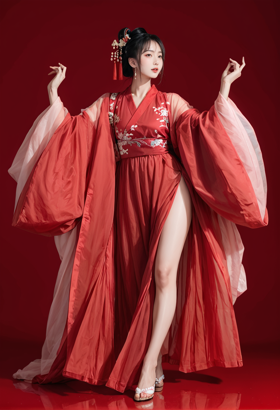 red background,full body,,ruanyi0750,hanfu,wide sleeves,red dress,see-through,dancing,Song Mo,<lora:0750 Large sleeve shirt Hanfu_v1_pony:0.8>, score_9,score_8_up,score_7_up,,8k,1girl,solo,
