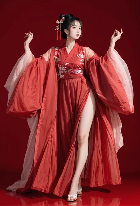 red background,full body,,ruanyi0750,hanfu,wide sleeves,red dress,see-through,dancing,Song Mo,<lora:0750 Large sleeve shirt Hanfu_v1_pony:0.8>, score_9,score_8_up,score_7_up,,8k,1girl,solo,