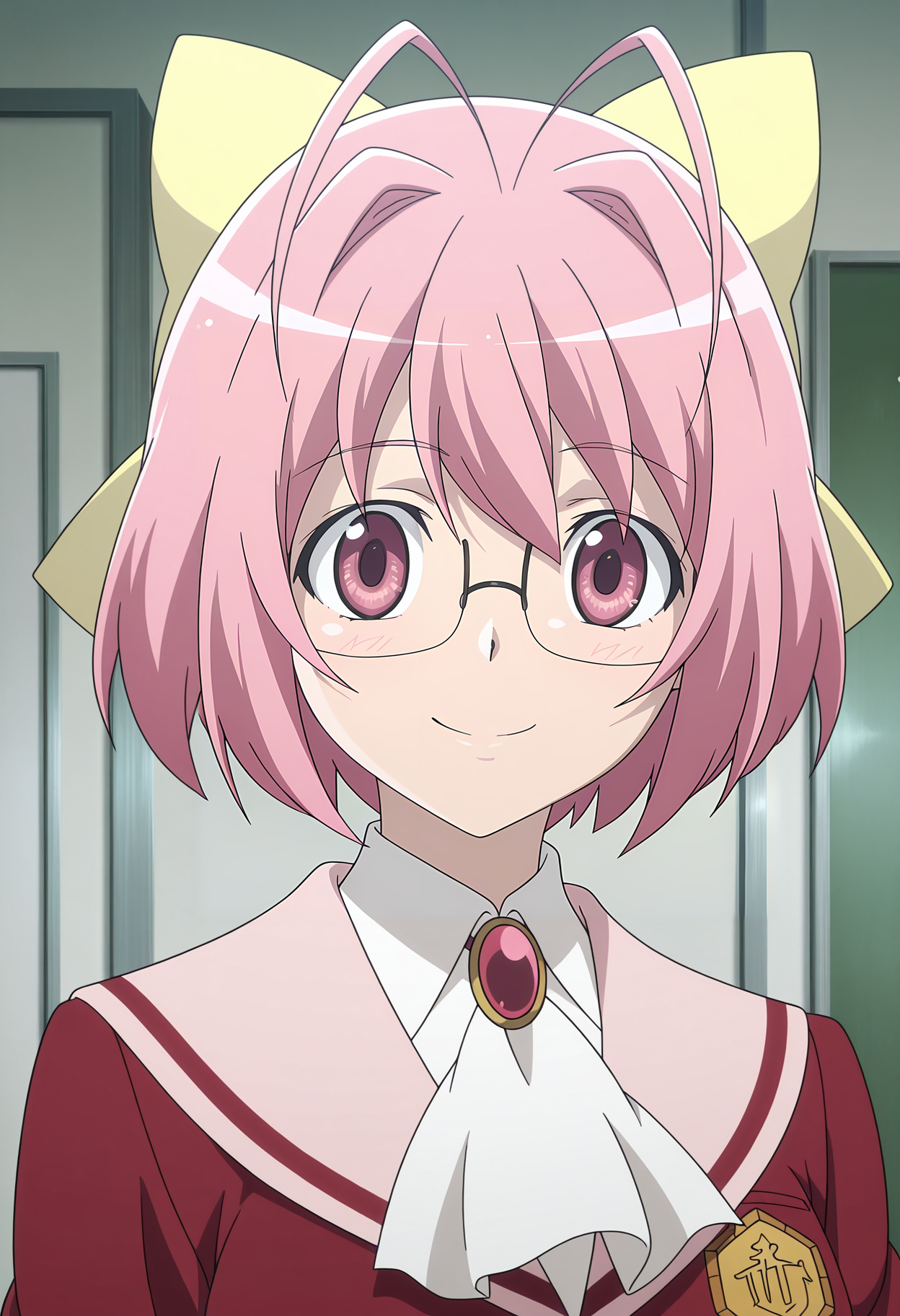 1girl,solo,mm,mature female,pink hair,short hair,pink eyes,hair bow,glasses,antenna hair,anime coloring,
school uniform,upper body,looking at viewer, smile,indoors,
,masterpiece,best quality,amazing quality,<lora:Kanon_Nakagawa-Kami_nomi_zo_Shiru_Sekai:0.8>