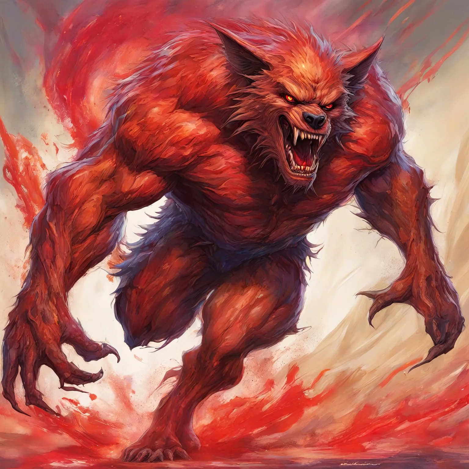 werewolf, shapeshifter, transforming, metamorphosis, dynamic pose, colorful, vivid colors, detailed, best quality, masterpiece, humanoid, evil, concept art, epic, furious, red eyes