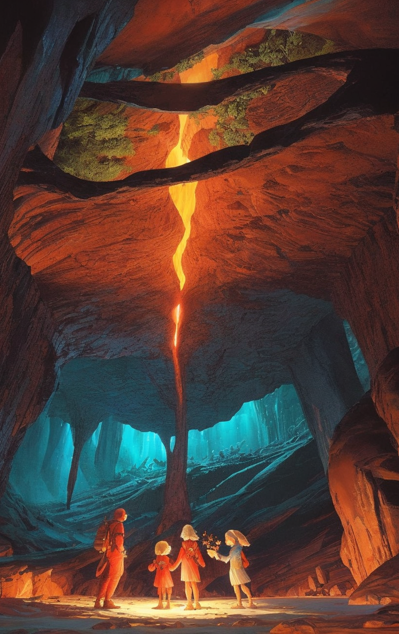 artwork <lora:Moebius:1>,, Extreme Wide Shot of a family, rainbow valley, cave coral,nighttime wonder,boulevard