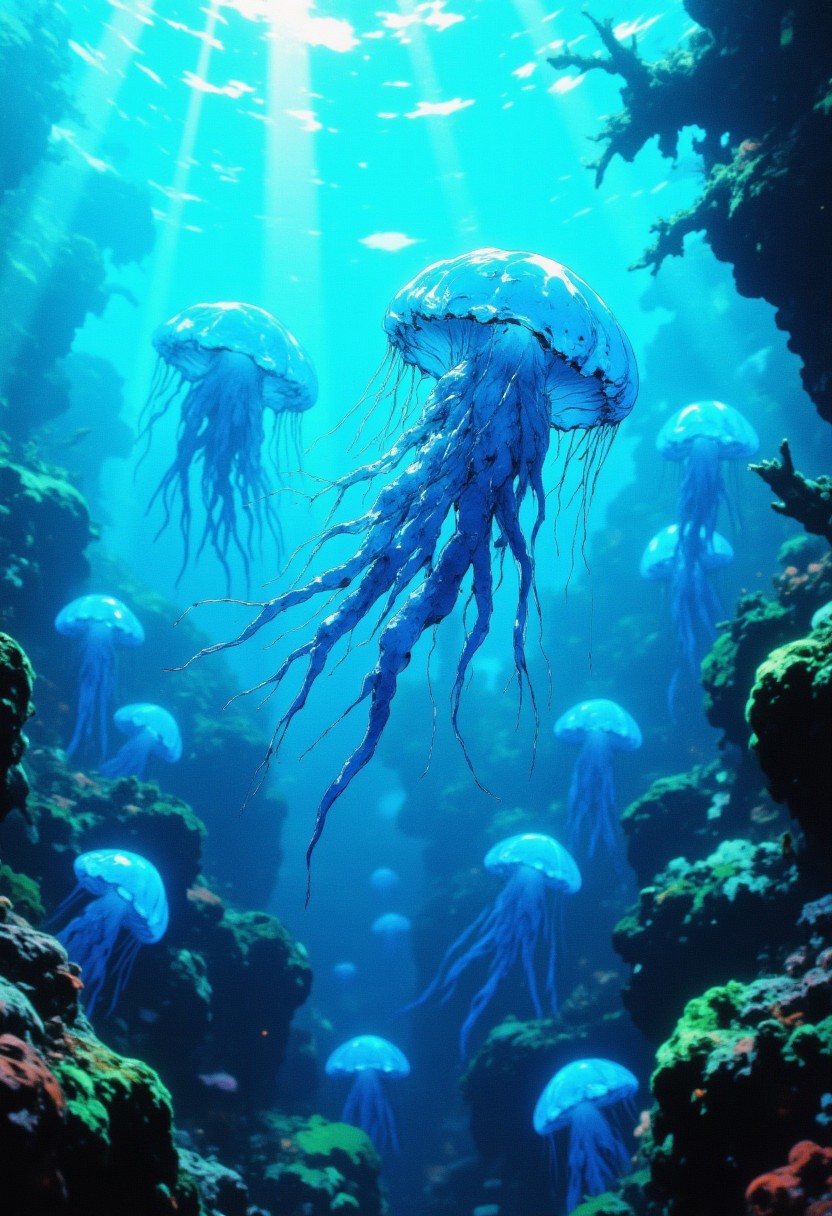 cinematic film still award winning photo.A light blue translucent jellyfish swimming in the clear blue ocean. Sunrays penetrate the water and illuminate the seaweed, vignette, highly detailed, high budget, bokeh, cinemascope, moody, epic, gorgeous, film grain, grainy,anime, cyberpunk, Comic book style, CAICO