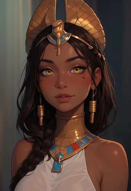 score_9_up, score_8_up, score_7_up, score_6_up, 1girl, 25 years old, perfect face, cute, petite,
yellow eyes,
detailed face, portrait, face focus, depth of field, looking at viewer, blush, shy smile, (close up),
yellow eyes,
dark-skinned female, dark skin,
brown hair, long hair, single braid, sidelocks, hair ornament, jewelry, headpiece,
ancient Egyptian, ancient egyptian clothes, white dress, revealing clothes,
bare shoulders,
gold,