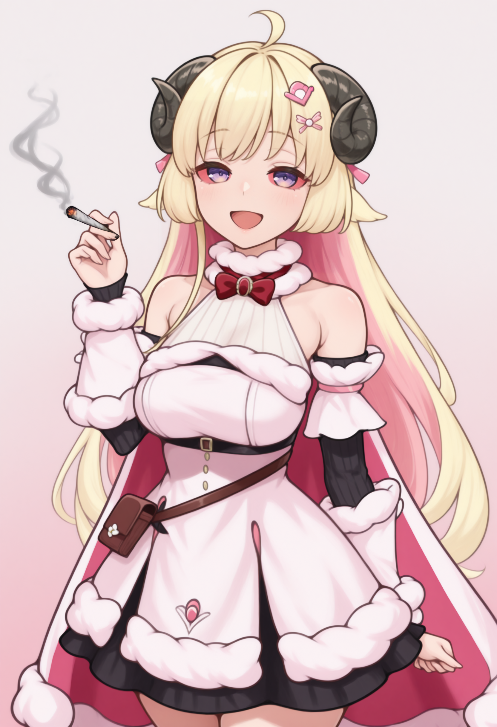 masterpiece, best quality, solo, 1girl, smile, looking at viewer,  <lora:Stoned-illus_Fp:1>, colored sclera, smoking, joint \(drug\), <lora:ChamTsunomakiWatameIllustriousXL:1>,WtmBase, horns, blonde hair, purple eyes, very long hair, ahoge, pink hair ornament, white fur-trimmed dress, short dress, red bowtie, detached sleeves, layered sleeves, pouch, bare shoulders, fur-trimmed cape, pink cape, open mouth, holding, gradient background,