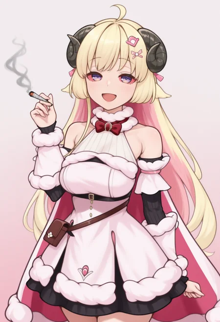 masterpiece, best quality, solo, 1girl, smile, looking at viewer, <lora:Stoned-illus_Fp:1>, colored sclera, smoking, joint \(drug\), <lora:ChamTsunomakiWatameIllustriousXL:1>,WtmBase, horns, blonde hair, purple eyes, very long hair, ahoge, pink hair ornament, white fur-trimmed dress, short dress, red bowtie, detached sleeves, layered sleeves, pouch, bare shoulders, fur-trimmed cape, pink cape, open mouth, holding, gradient background,