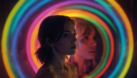 woman, circle, neon reflections, strange, colorful, beautiful, intense artificial light