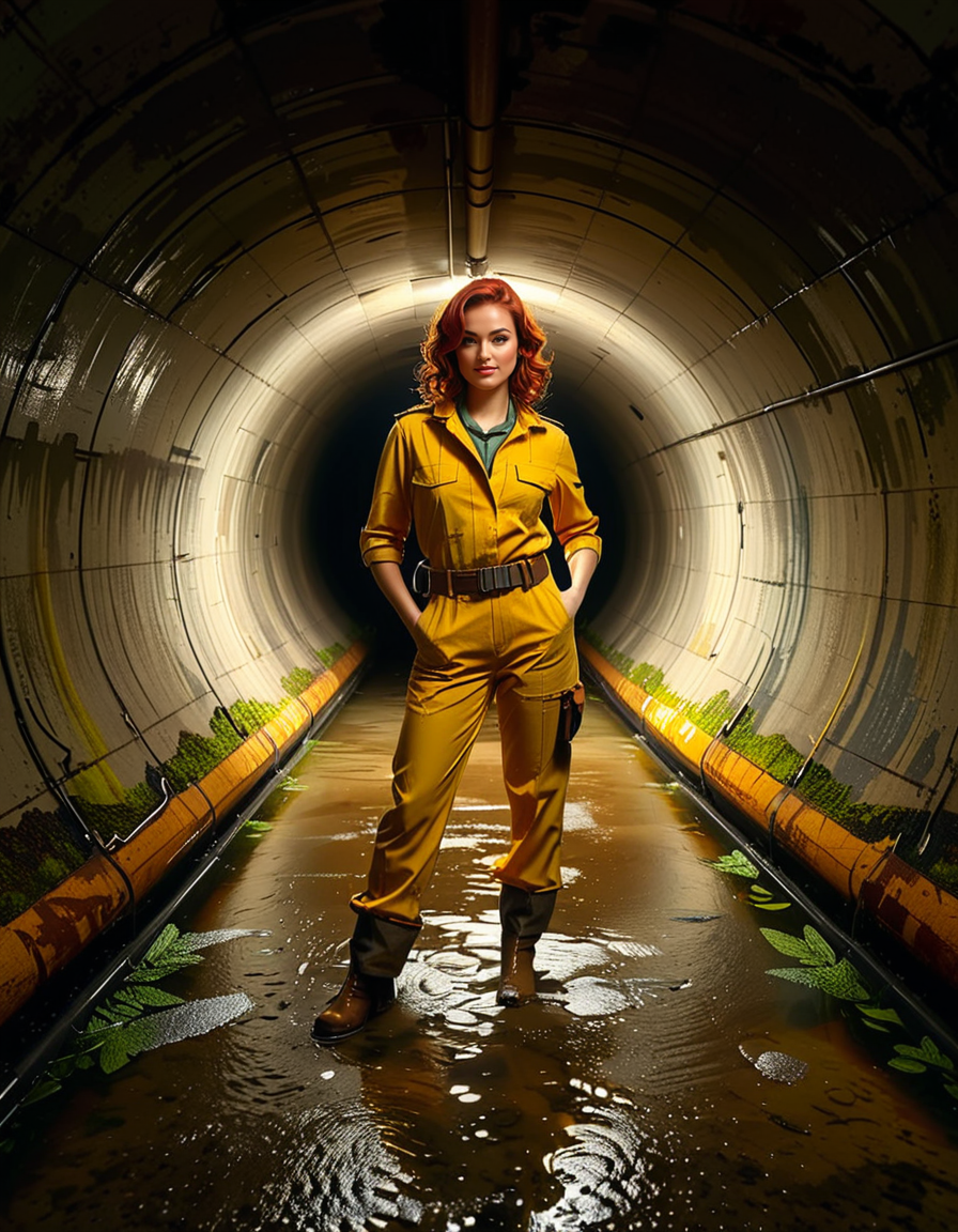 A young woman, April O'Neil, stands confidently in front of a large, circular sewer pipe,L4rg3 s3w3r p1p3. She has vibrant red, shoulder-length wavy hair and wears her iconic bright yellow jumpsuit with utility-style details, such as rolled-up sleeves and visible pockets. A brown utility belt is fastened around her waist. She holds a microphone or a small camera in one hand, highlighting her role as a journalist. Her expression is determined and slightly smiling, radiating courage and curiosity.
The sewer pipe behind her is massive and weathered, with green moss and moisture stains around its edges. The interior of the pipe is dark and shadowy, while the exterior is illuminated by soft natural light. There is a small puddle of water or wet ground in front of the pipe, reflecting faint light.
The background features an urban, industrial setting with worn brickwork surrounding the sewer opening, showing signs of age and decay. Small wild plants and grass grow around the base, adding a touch of nature to the scene.
The lighting is soft and dramatic, with natural sunlight streaming in and casting gentle reflections on the ground and inside the pipe. The image is styled as a semi-realistic illustration with vivid, bright colors for April O'Neil, contrasting with the muted, earthy tones of the background. The overall mood is adventurous and cinematic.<lora:SDXLFaeTastic2400:0.4> <lora:extremely_detailed:0.4> extremely detailed, <lora:L4rg3_s3w3r_p1p3:1>, Masterpiece,best quality,hi res,8k,hi res,8k,award winning,(sharp focus, intricate, highly detailed),