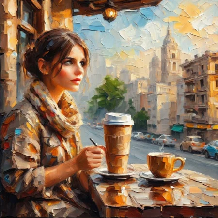 bichu,masterpiece,palette knife painting,oil painting,cinematic scene, 20 year old girl, sitting at outdoor cafe balcony, high rise city background, holding coffee cup pausing for a sip, sunshine lighting her face, relishing the aroma, focused placid expression, wearing stylish sundress, natural makeup look, intricate wood table details, compatibility and coziness, soft bokeh of traffic below, extremely detailed portrait, photorealistic materials, contentment during me-time, high resolution, shallow depth of field