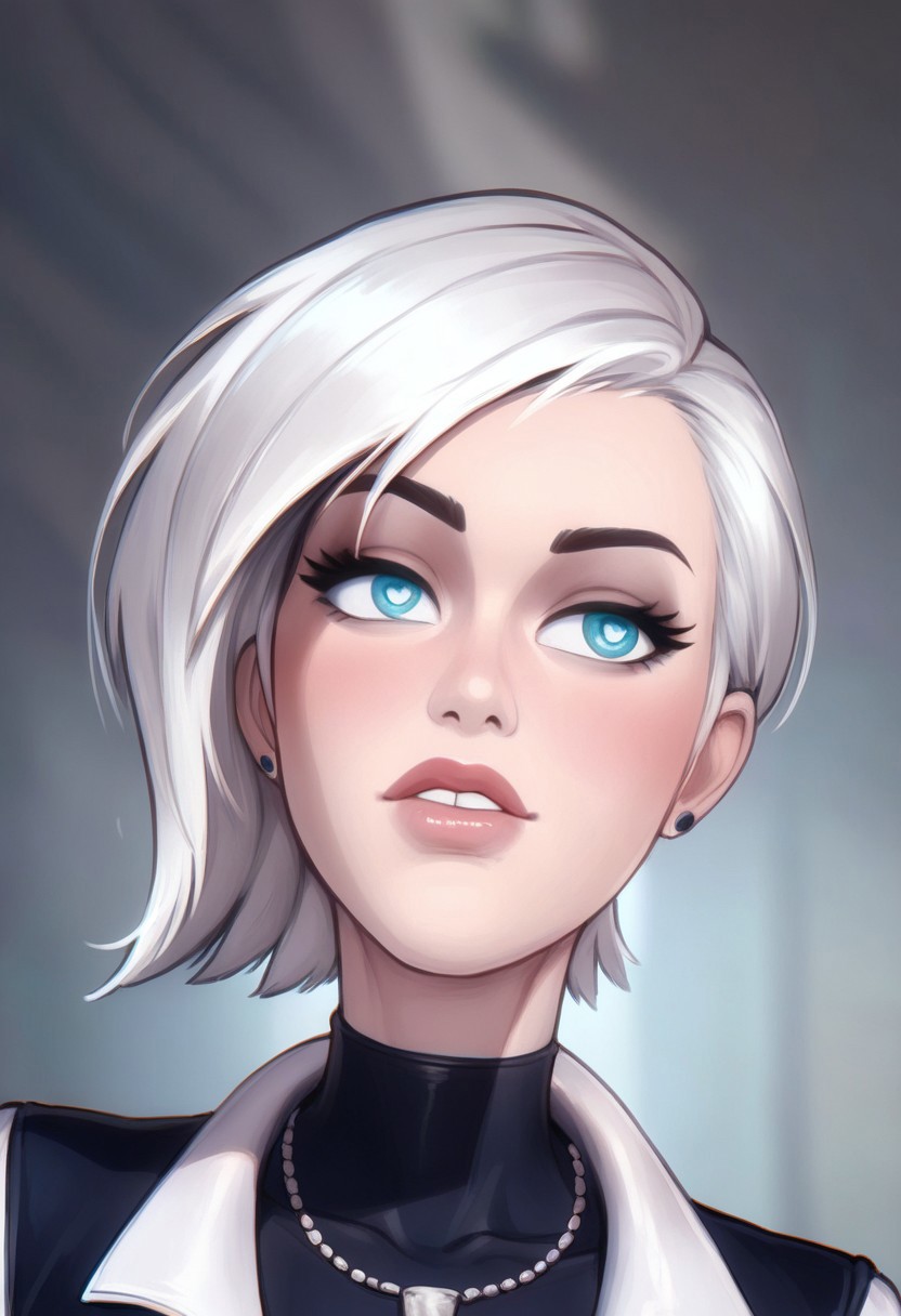 score_9, score_8_up, score_7_up, score_6_up, PRSNL_3_1, uncensored, pupils black dots, lips,
upper body, 
MKFrost, 1girl, white hair, blue eyes, short hair, bodysuit