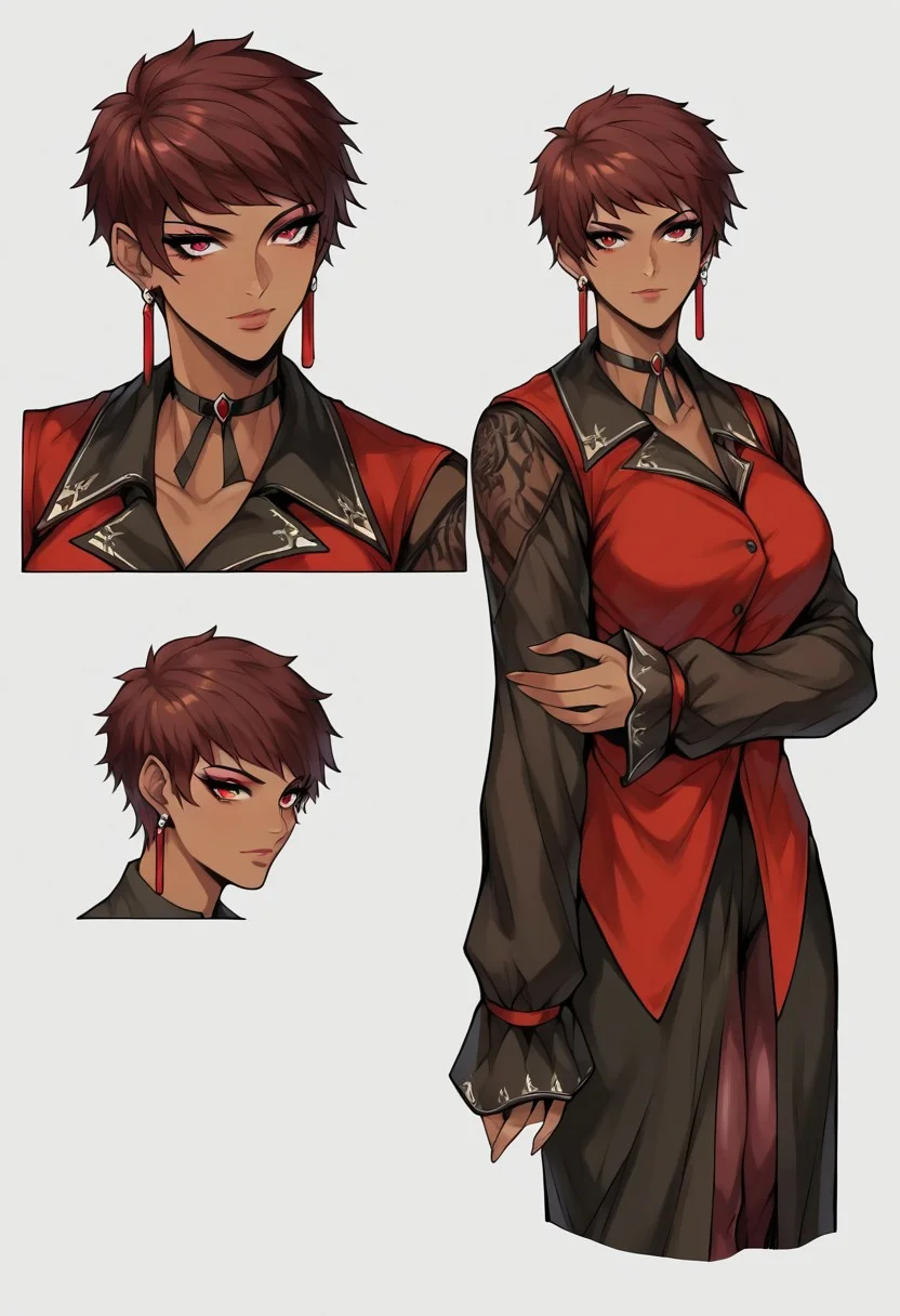 score_9, score_8_up, score_7_up, score_6_up, source_anime, 1girl, ,vicekfsXV, 
18 years old girl, dark skin, (big breasts:1.3), cleavage, black shorts,pantyhose, short hair, wild hair, brown hair, red eyes , eyeshadow, earrings, choker, ,long dress, long sleeves, red vest, beautiful face, beautiful lips, cute expression,  grey background, , standing , , seductive , dark,  , waiting for someone, flat, thighs, high quality anime movie,g0thicPXL, 2d,   ,Tbtniki style , portrait, different expression, character sheet