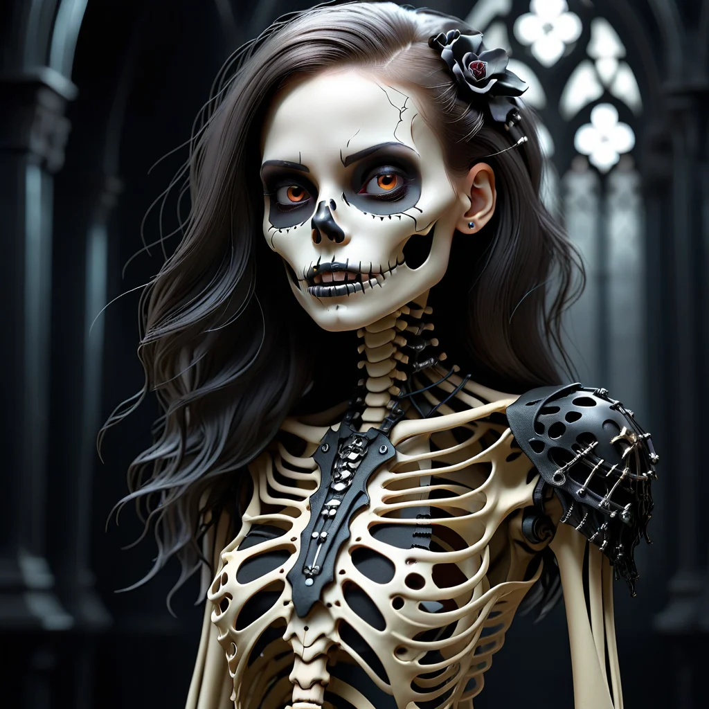 intricate ohoto of a skeleton girl, vampire clothing, cyberpunk style, gothic art