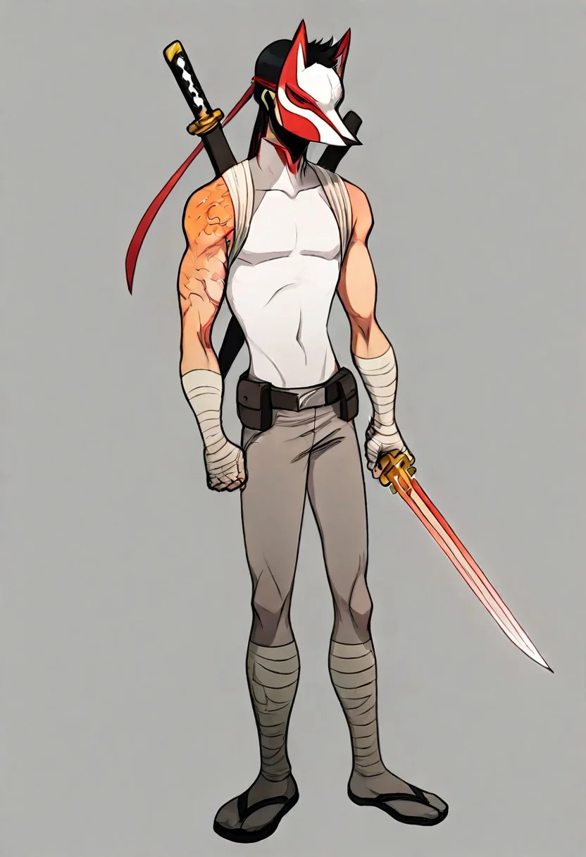 score_9, score_8_up, score_7_up, charturnerv2, sz4d3k, 2boy, 8k, absurdres,
1boy, solo, alone, Tadashi, white body suit, grey pants, arm bandages, leg bandages, shoulder bandages, burn scars, burn scars on shoulder, ninja shoes, katanas on back, black hair, Kitsune mask, sword in hand, katana in hand,