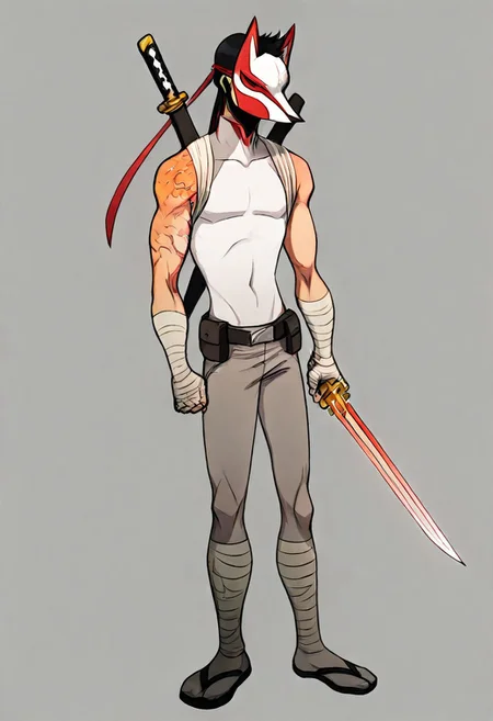 score_9, score_8_up, score_7_up, charturnerv2, sz4d3k, 2boy, 8k, absurdres,
1boy, solo, alone, Tadashi, white body suit, grey pants, arm bandages, leg bandages, shoulder bandages, burn scars, burn scars on shoulder, ninja shoes, katanas on back, black hair, Kitsune mask, sword in hand, katana in hand,