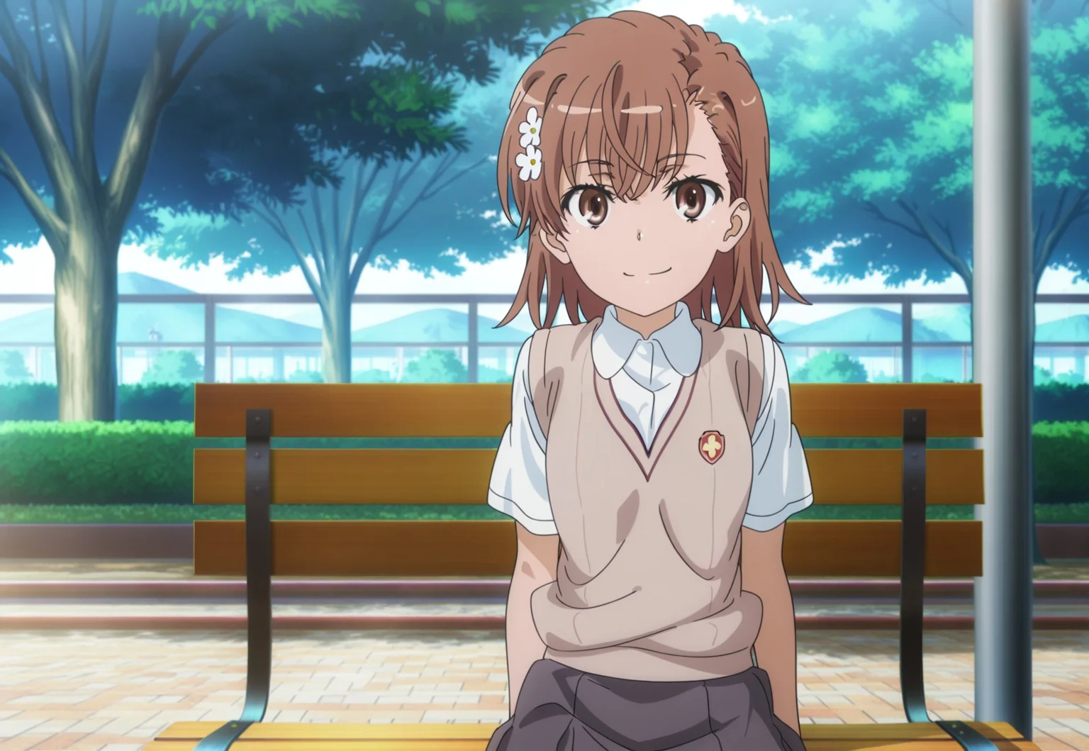 masterpiece, best quality, absurdres, highres, intricate details, very aesthetic, accurate art style, anime screencap, anime coloring, flat colors, official screencap, style parody, official art, proper proportions, extremely detailed, newest, 2025, BREAK, 1girl, misaka mikoto, short hair, brown hair, hair ornament, hair flower, school uniform, tokiwadai school uniform, white shirt, brown sweater vest, short sleeves, v-neck, skirt, white socks, loafers, brown loafers, shoes, BREAK, smiling, sitting, looking at viewer, BREAK, detailed background, outdoors, park, lamp, bench, day, BREAK, cowboy shot, BREAK, vibrant colors, bloom, vignette, cinematic lighting, 75% soft lighting, 25% dark lighting