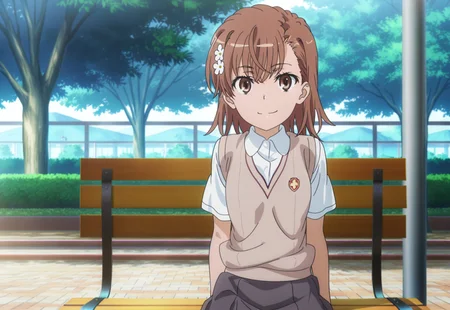 masterpiece, best quality, absurdres, highres, intricate details, very aesthetic, accurate art style, anime screencap, anime coloring, flat colors, official screencap, style parody, official art, proper proportions, extremely detailed, newest, 2025, BREAK, 1girl, misaka mikoto, short hair, brown hair, hair ornament, hair flower, school uniform, tokiwadai school uniform, white shirt, brown sweater vest, short sleeves, v-neck, skirt, white socks, loafers, brown loafers, shoes, BREAK, smiling, sitting, looking at viewer, BREAK, detailed background, outdoors, park, lamp, bench, day, BREAK, cowboy shot, BREAK, vibrant colors, bloom, vignette, cinematic lighting, 75% soft lighting, 25% dark lighting