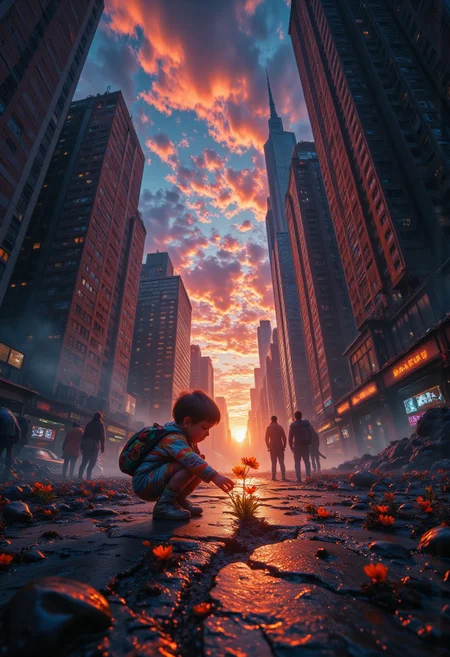 In a haunting and vibrant dystopian city at dusk, a curious child wearing colorful, tattered clothing kneels beside a single vivid flower that defiantly blooms through a crack in the crumbling pavement. Towering, decaying skyscrapers loom in the background, their shattered windows reflecting the warm hues of a dying sun. The sky, a dramatic swirl of dark clouds laced with streaks of orange and purple, casts an ethereal light over the scene.
Nearby, a group of weary adults gathers around a flickering holographic display showcasing faded memories of a brighter past. Their faces bear expressions of nostalgia and quiet determination as they discuss the way forward. The air is thick with the scent of rain-soaked earth mingling with rust, creating a bittersweet atmosphere. This poignant moment captures the delicate balance between despair and the unyielding spirit of hope, as the child reaches out to the flower, a symbol of resilience against all odds,aidmaimageupgrader,Midjourney_Whisper,aidmaMJ6.1