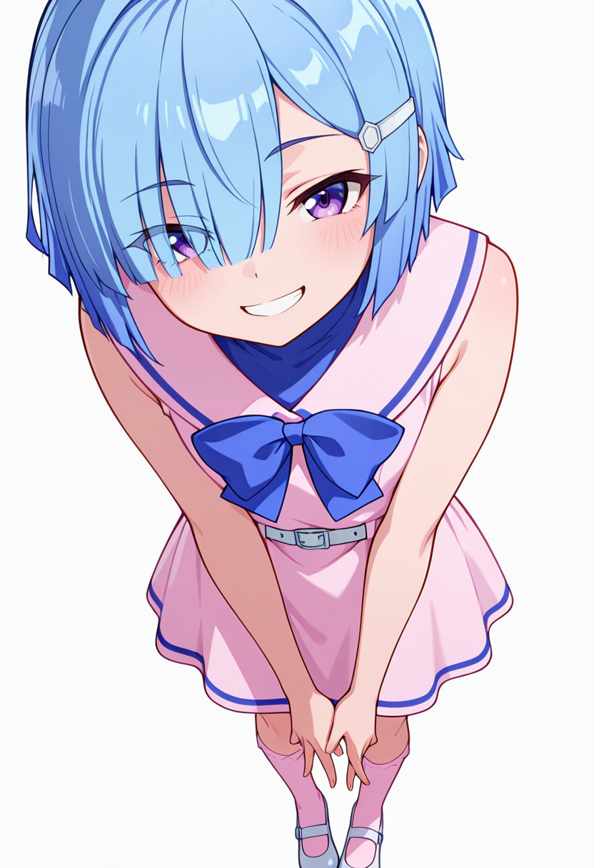 masterpiece,high quality details, absurdres,
 <lora:Imose_Mimika:0.8>
mimika_cnr, 1girl, blue hair, short hair, hair over one eye, purple eyes,eyes visible through hair,hairclip,
mimika_s1, sleeveless, pink dress, sailor collar, white belt, bow,bowtie,pink socks,mary janes,, simple background, white background, from above,solo,, seductive smile,grin,, one foot propped on surface,body twisted at midsection,hands touching toes,