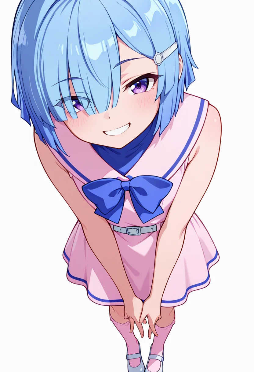masterpiece,high quality details, absurdres,
<lora:Imose_Mimika:0.8>
mimika_cnr, 1girl, blue hair, short hair, hair over one eye, purple eyes,eyes visible through hair,hairclip,
mimika_s1, sleeveless, pink dress, sailor collar, white belt, bow,bowtie,pink socks,mary janes,, simple background, white background, from above,solo,, seductive smile,grin,, one foot propped on surface,body twisted at midsection,hands touching toes,