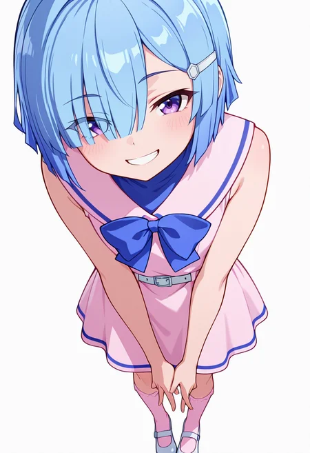 masterpiece,high quality details, absurdres,
<lora:Imose_Mimika:0.8>
mimika_cnr, 1girl, blue hair, short hair, hair over one eye, purple eyes,eyes visible through hair,hairclip,
mimika_s1, sleeveless, pink dress, sailor collar, white belt, bow,bowtie,pink socks,mary janes,, simple background, white background, from above,solo,, seductive smile,grin,, one foot propped on surface,body twisted at midsection,hands touching toes,