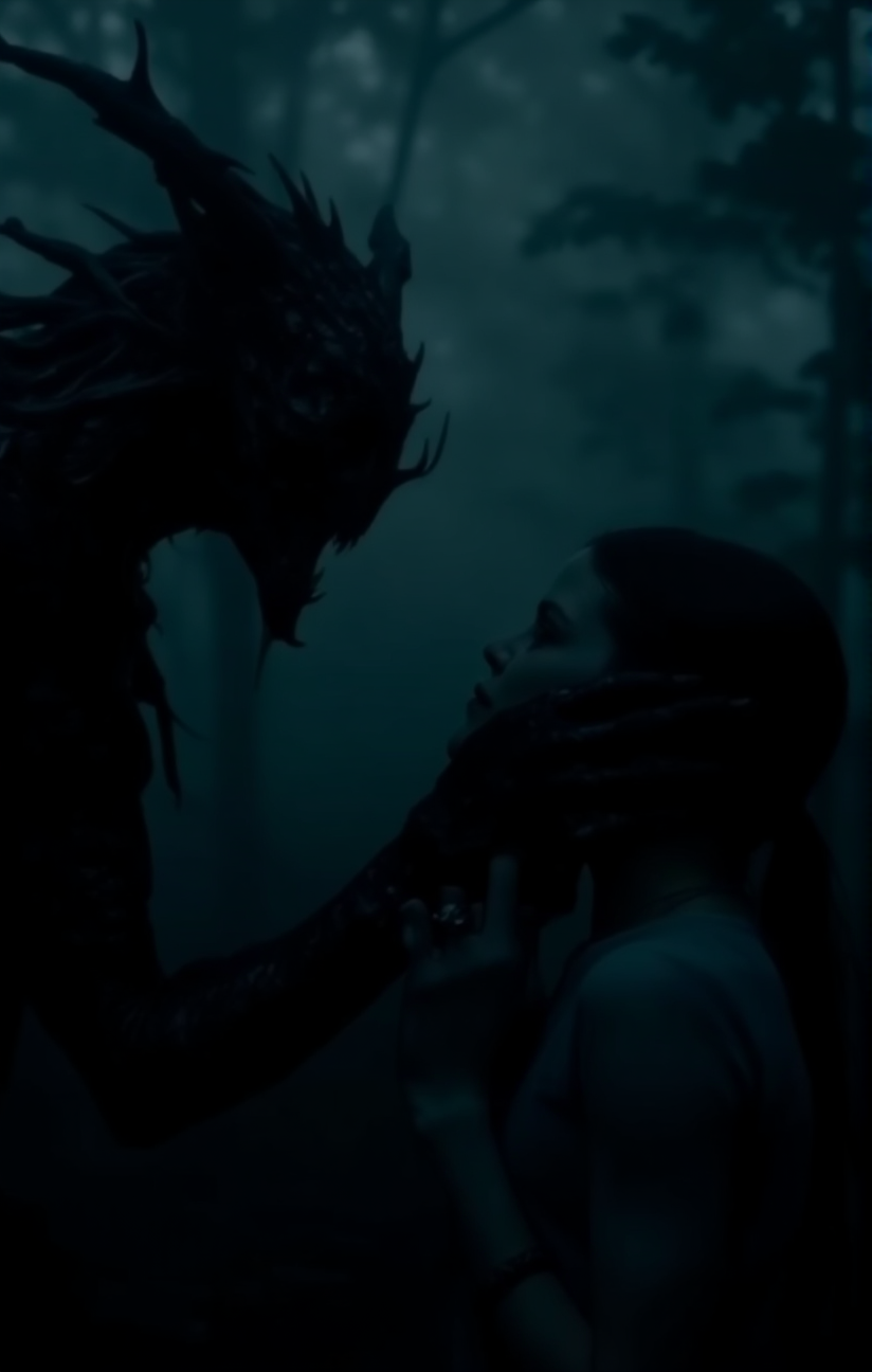 a dark creature on the left looking at a human on the right while holding the head of the human in it's clawed hands, cinematic, eerie atmosphere, realistic, high resolution, dof, fog in the background, dim, forest setting.<lora:- Flux1 De-Distilled - temp_haunting_cre_1.0-step00002400:.8>
