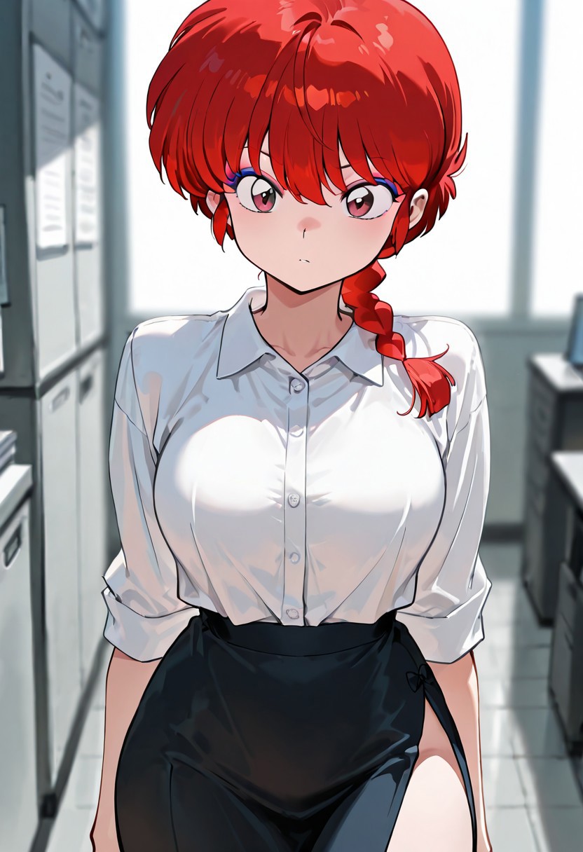masterpiece, best quality, ultra-HD, high detail, depth of field, (blurred background), (dramatic lighting), very aesthetic,8k,
ranma, 1girl, solo, red hair, braid, braided ponytail, single braid, light pink eyes, salmon pink eyeliner, bangs,
breasts, office dress, skirt, white shirt, ((side slit)),
breasts, sexy, alluring, anime, office
