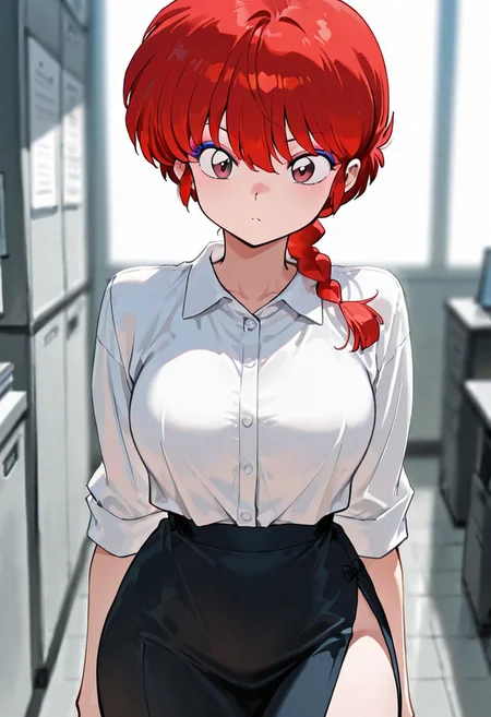 masterpiece, best quality, ultra-HD, high detail, depth of field, (blurred background), (dramatic lighting), very aesthetic,8k,
ranma, 1girl, solo, red hair, braid, braided ponytail, single braid, light pink eyes, salmon pink eyeliner, bangs,
breasts, office dress, skirt, white shirt, ((side slit)),
breasts, sexy, alluring, anime, office