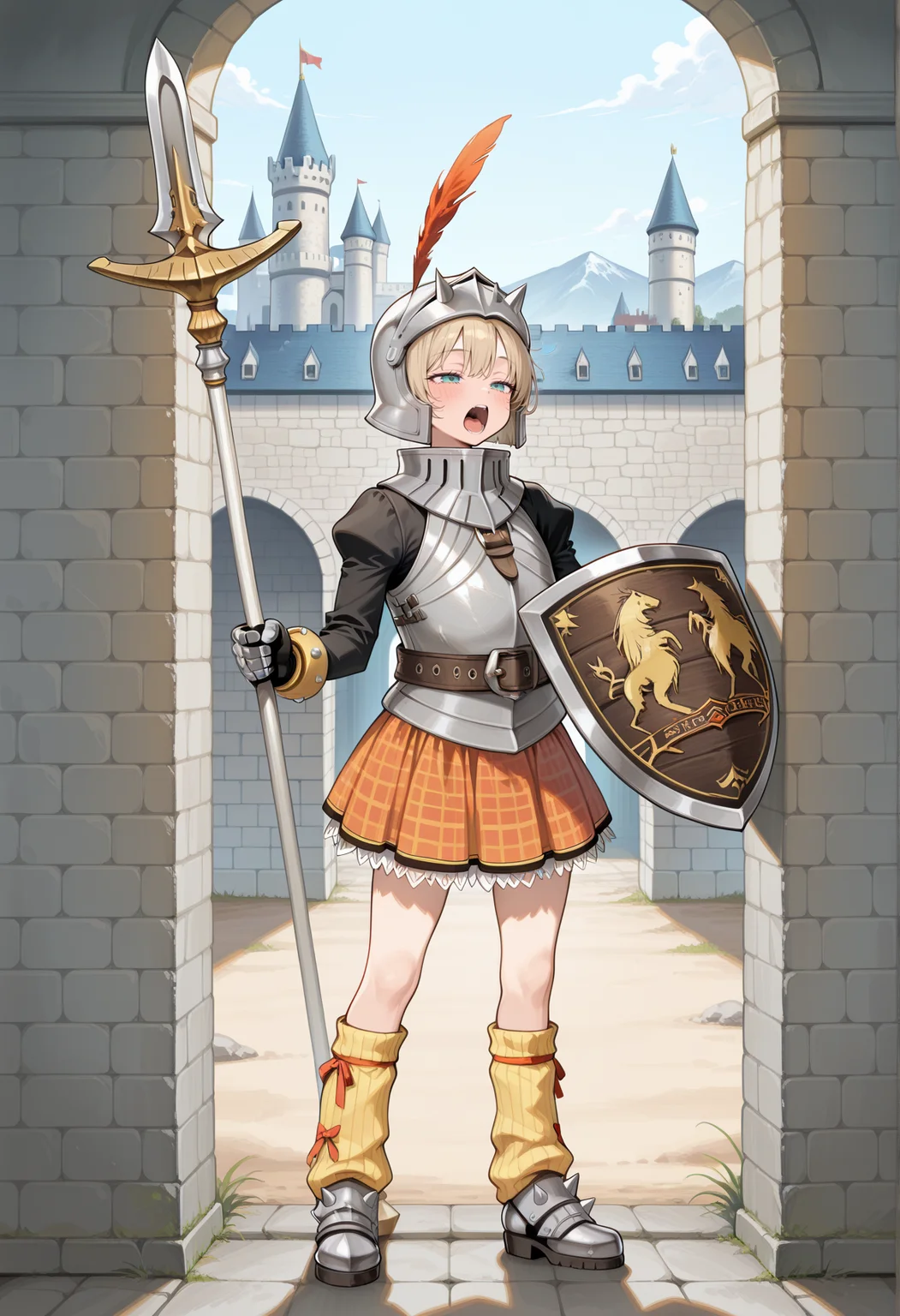 1girl, solo, short hair, blonde hair, aqua eyes, armor, breastplate, strap, belt, pleated skirt, checkered skirt, orange skirt, long sleeves, gauntlets, leg warmers, armored boots, helmet, hat feather, holding polearm, spear, holding shield, yawning, half-closed eyes, sleepy, entry, padded wall, castle <lora:cecile_suikoden_Illus:1>, masterpiece, best quality, amazing quality, very aesthetic, absurdres, highres, newest