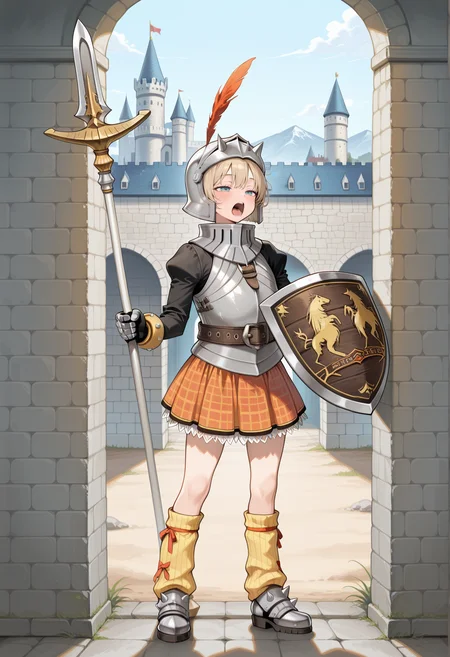 1girl, solo, short hair, blonde hair, aqua eyes, armor, breastplate, strap, belt, pleated skirt, checkered skirt, orange skirt, long sleeves, gauntlets, leg warmers, armored boots, helmet, hat feather, holding polearm, spear, holding shield, yawning, half-closed eyes, sleepy, entry, padded wall, castle  <lora:cecile_suikoden_Illus:1>, masterpiece, best quality, amazing quality, very aesthetic, absurdres, highres, newest