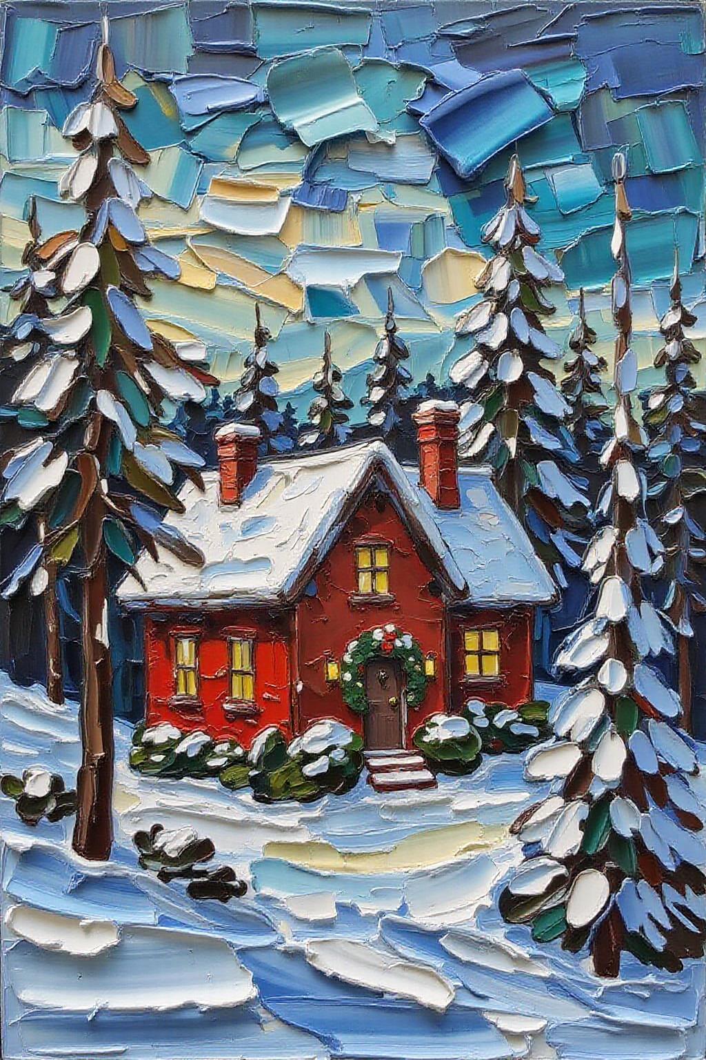 impasto oil painting. a beautiful house at christmas, snowing, forest background   <lora:impasto5_nocap_d6a3:1.0> <lora:Flux-Sch-SingleBlocks-BF16:1.0><lora:803883699021091069:0>