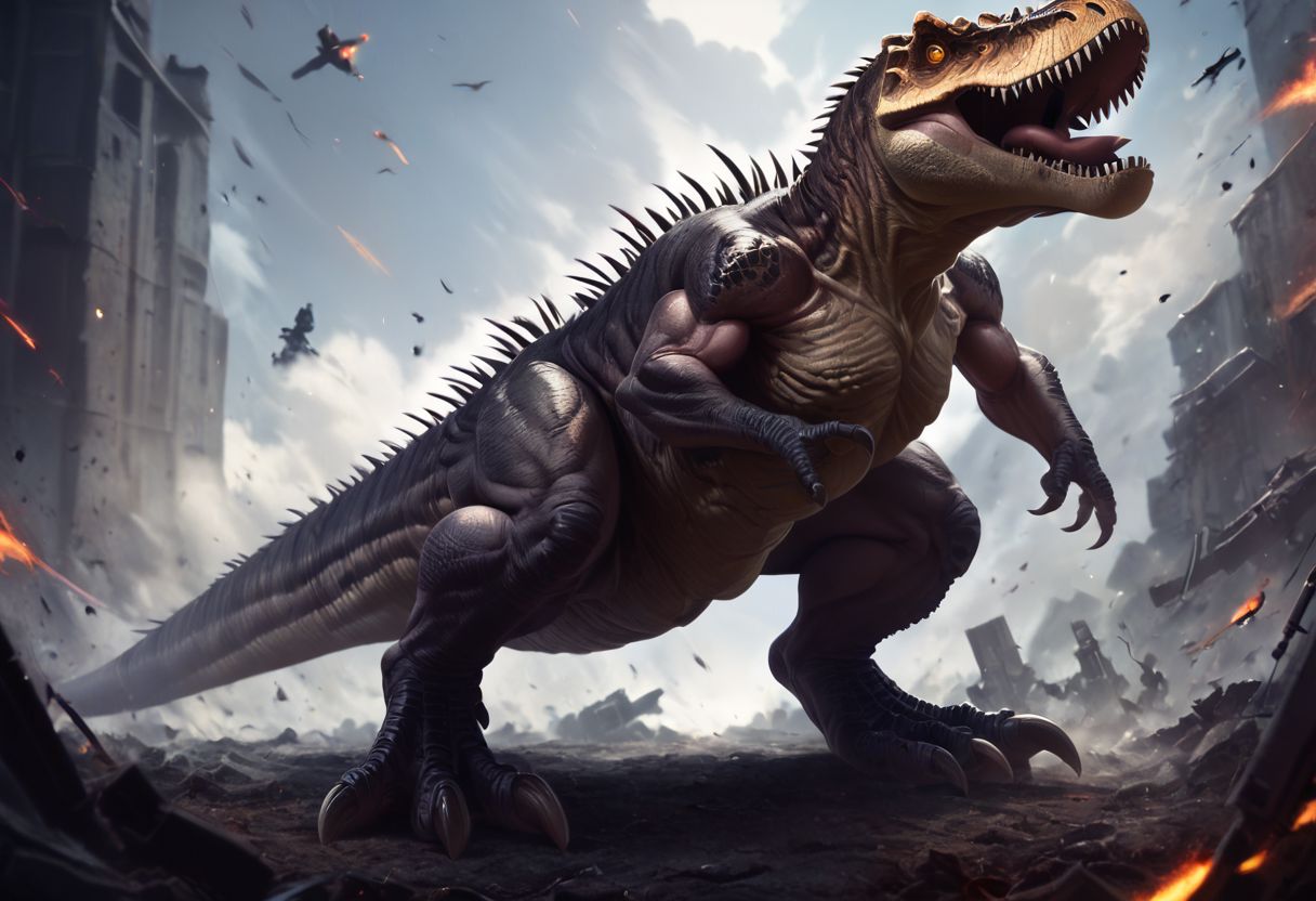 score_9, score_8_up, score_7_up, muscular dinosaur, T-rex, full body, open mouth, sharp large teeth, spikes on the head and back, four spikes on the tail, tyrannosaurus, attack, large-caliber guns on the sides of the body,